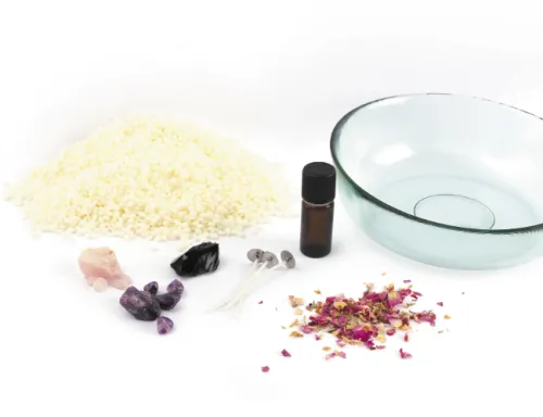 DIY XXL kaars maken Lithotherapie inhoud Rozenkwarts, Amethist en Obsidiaan edelstenen