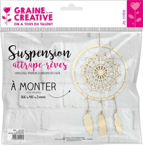 Houten mandala dromenvanger in verpakking.