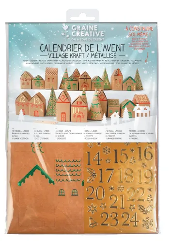 Adventskalender kerstdorp – DIY bouwpakket | 18 huisjes, 6 bomen, 24 labels en stickervel