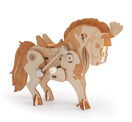 Houten paard (14 × 10,2 cm) – DIY bouwpakket | Mechanisch 3D-model met 45 onderdelen, vanaf 8 jaar