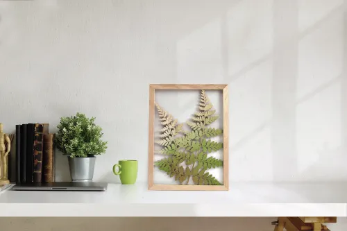 Rechthoekig houten frame met twee varens op een tafel in een interieur.